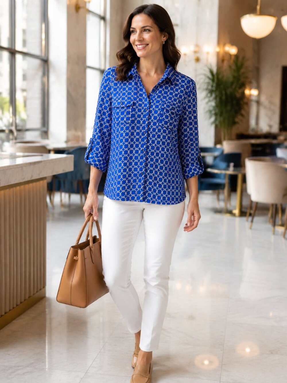 Charter Club Blue & White Geometric Button-Front Shirt Dress